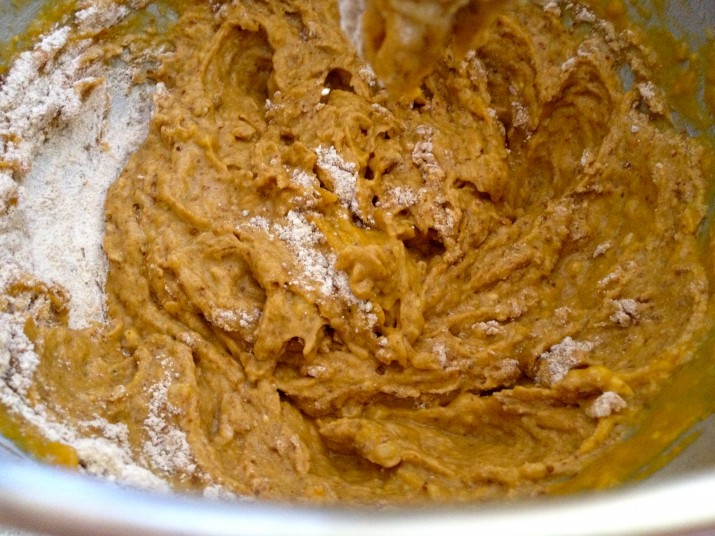 Mixing Dry and Wet Vegan Pumpkin Banana Chocolate Chip Muffin Ingredients Together