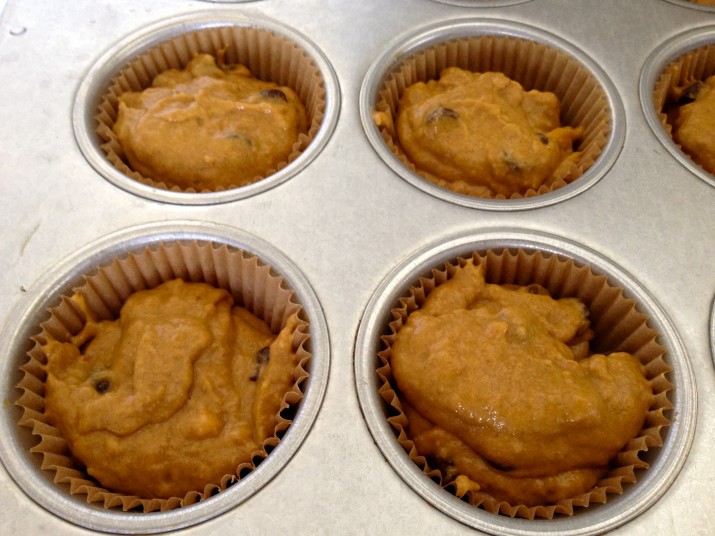 MixingMixing in ChVegan Pumpkin Banana Chocolate Chip Muffin Batter in Muffin Pan