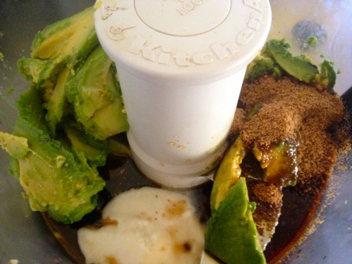 Avocado with maple syrup, coconut butter, coconut butter, vanilla extract, and balsamic vinegar